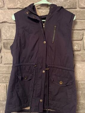C’est Toi Navy Utility Vest Hooded Sherpa Lined Drawstring Waist Women’s L